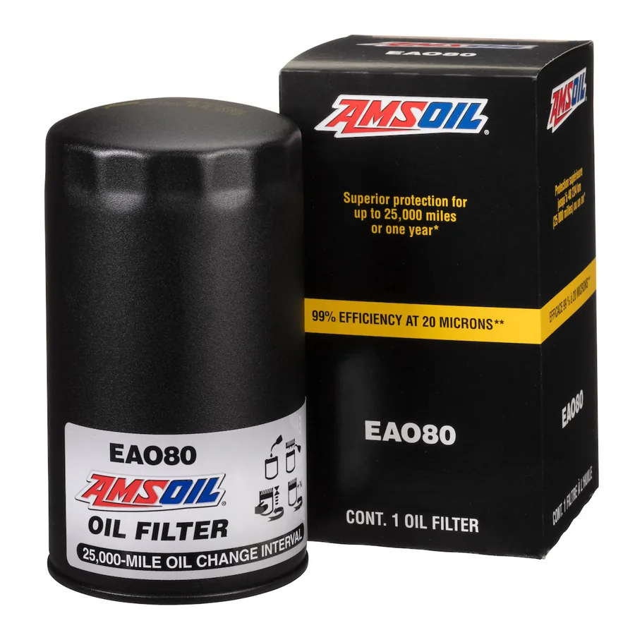 AMSOIL Ea synthetic-media oil filter and product box
